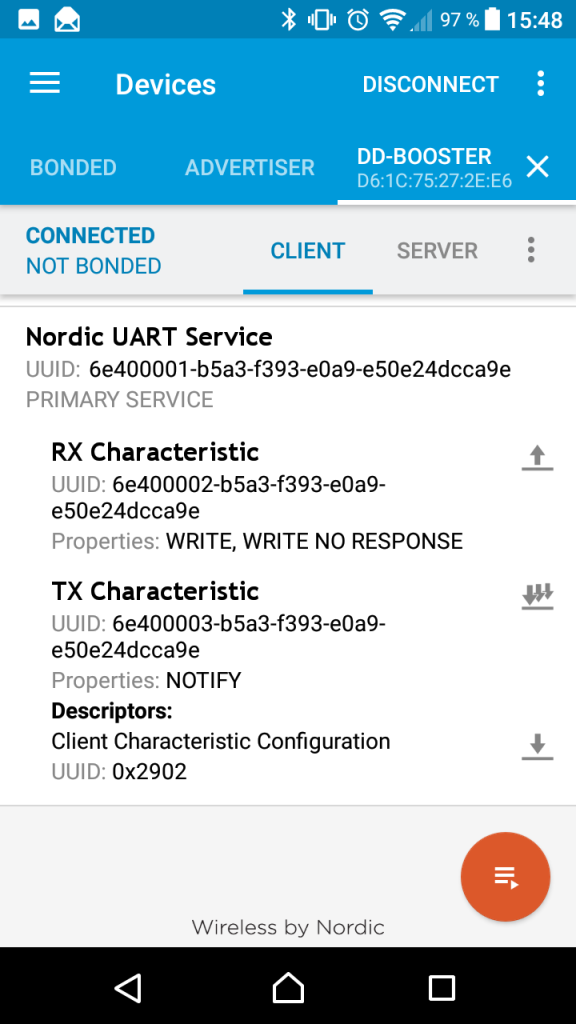 nRF Connect Android App mit Infos zum NUS
